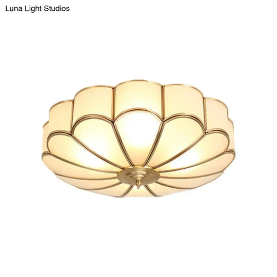 Vintage Scalloped Frosted Glass Flush Mount Light With Brass Finish - 3 Lights For Bedroom Ceiling