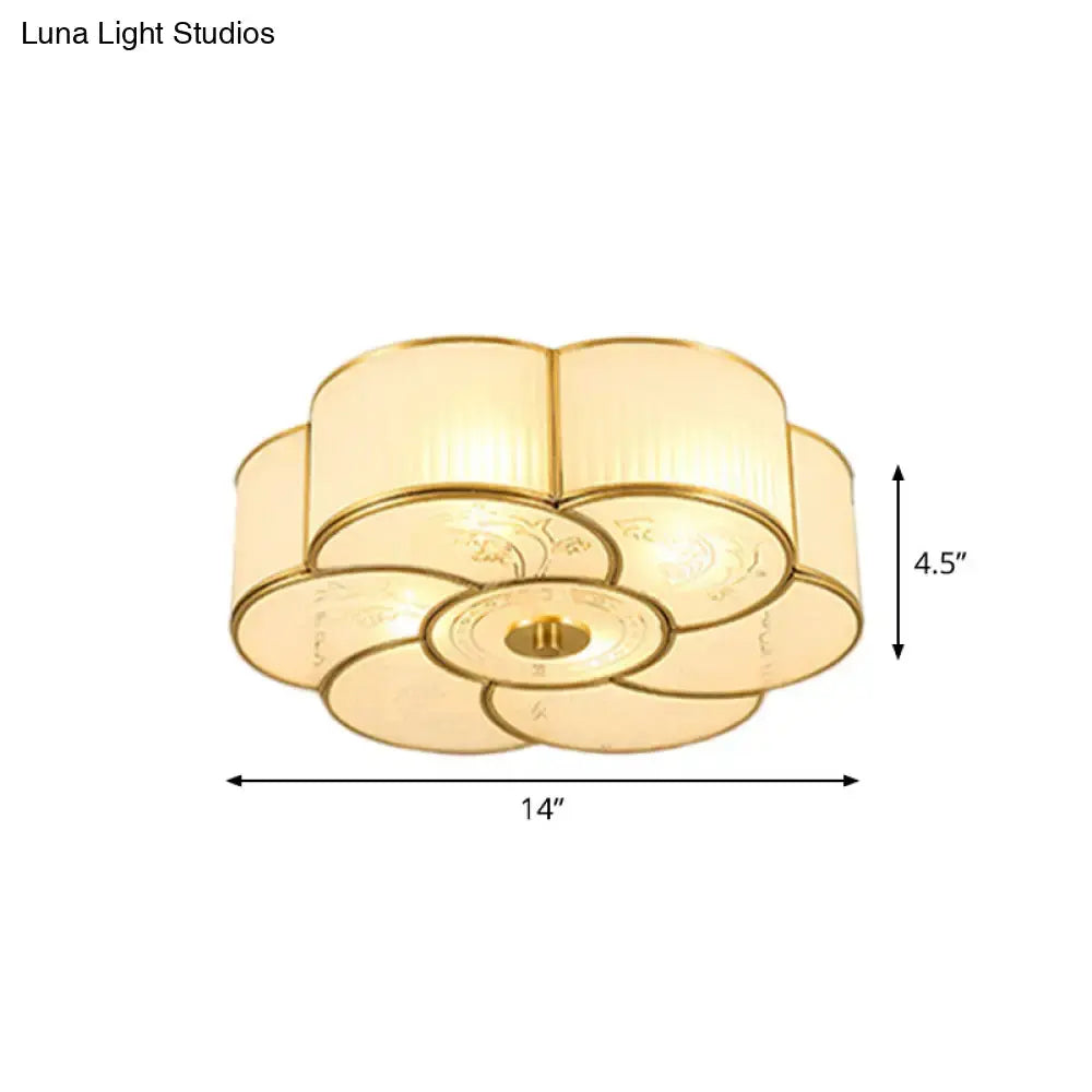 Vintage Scalloped Frosted Glass Flush Mount Light With Brass Finish - 3 Lights For Bedroom Ceiling