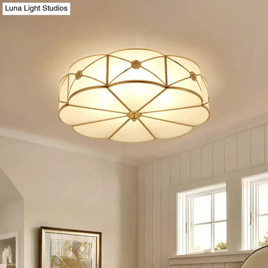 Vintage Scalloped Frosted Glass Flush Mount Light With Brass Finish - 3 Lights For Bedroom Ceiling