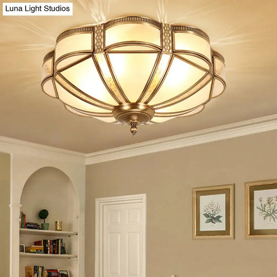 Vintage Scalloped Frosted Glass Flush Mount Light With Brass Finish - 3 Lights For Bedroom Ceiling