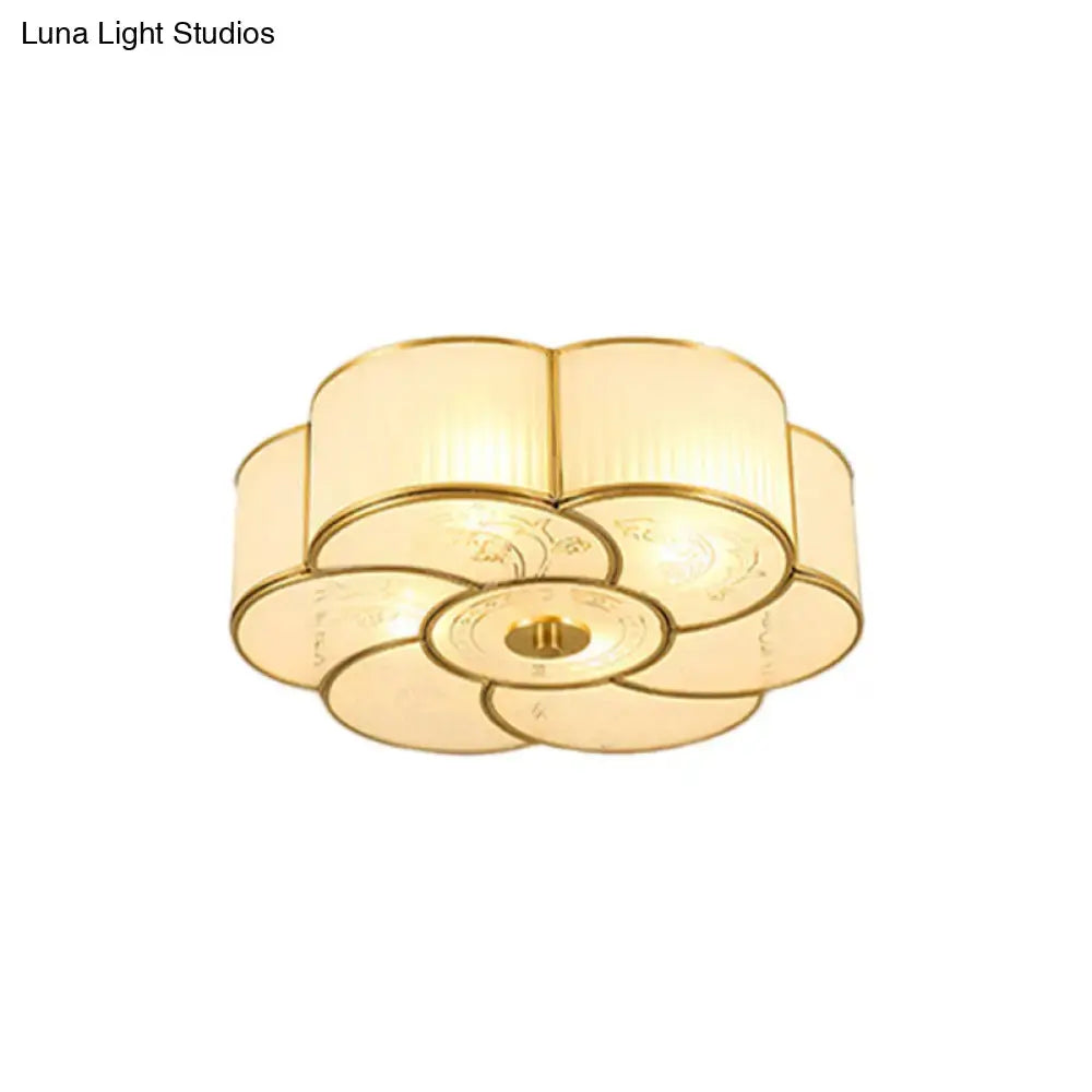 Vintage Scalloped Frosted Glass Flush Mount Light With Brass Finish - 3 Lights For Bedroom Ceiling