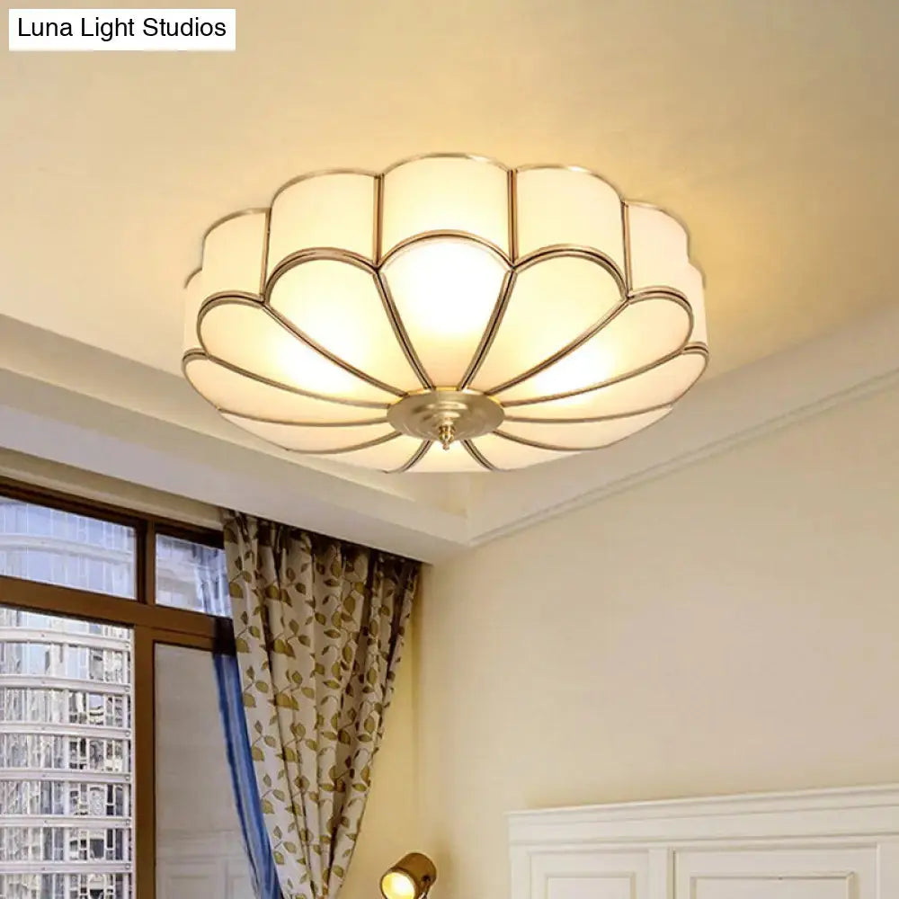 Vintage Scalloped Frosted Glass Flush Mount Light With Brass Finish - 3 Lights For Bedroom Ceiling