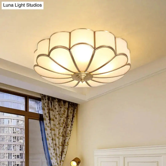 Vintage Scalloped Frosted Glass Flush Mount Light With Brass Finish - 3 Lights For Bedroom Ceiling