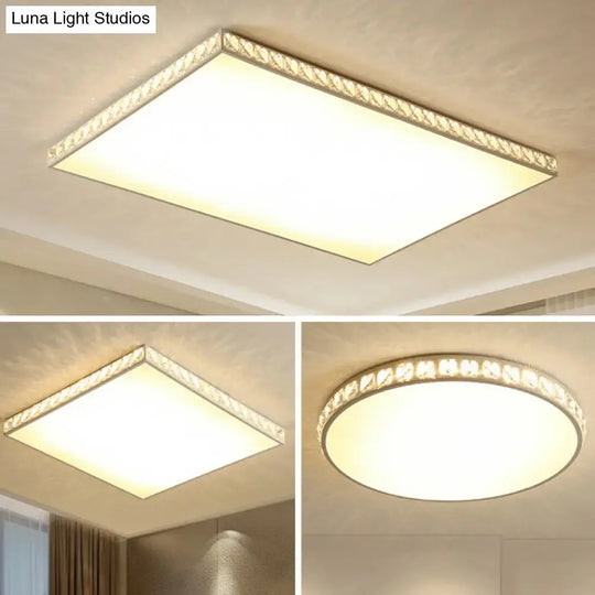 White Crystal Led Ceiling Lamp With Geometry Acrylic Shade - Bedroom Flush Mount Fixture