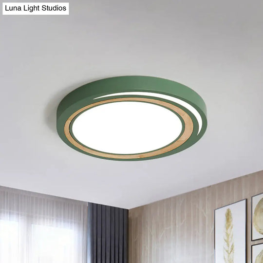 Acrylic Led Drum Ceiling Light For Kids’ Bedroom With Wood Ring - White/Pink/Green Flush Mount