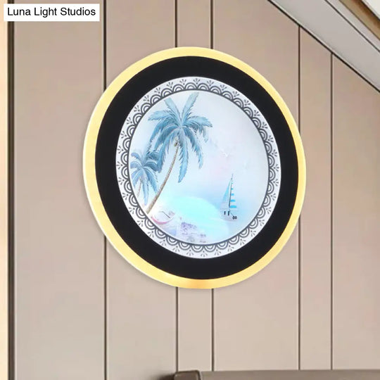 Acrylic Nordic Style Led Round Tree Wall Mounted Lamp In Yellow/Blue For Living Room
