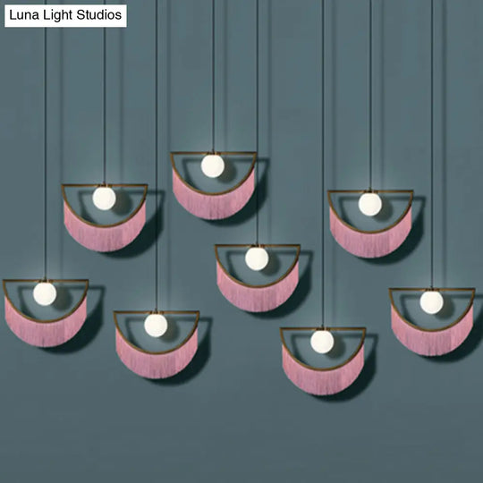 Acrylic Round Ceiling Light In Pink With Fringe Decor Single-Bulb Nordic Pendant For Living Room