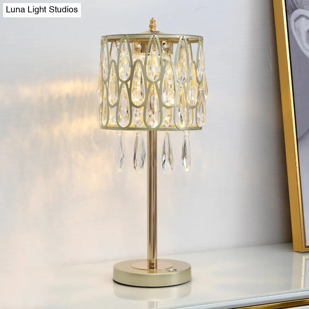 Contemporary Metal Nightstand Lamp With Crystal Raindrop Encrusted Drum Shade Champagne