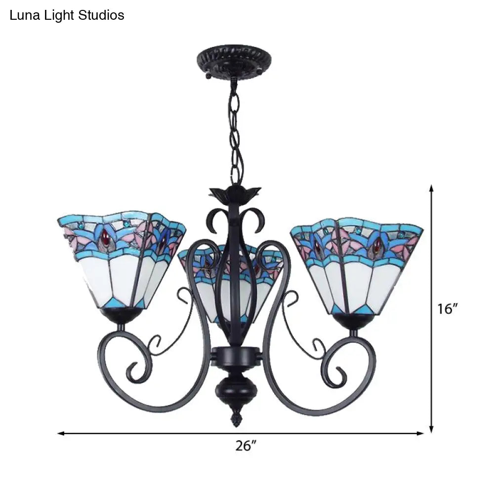 Adjustable 3-Light Blue Stained Glass Pendant Light With Metal Chain - Pyramid Hanging Lighting