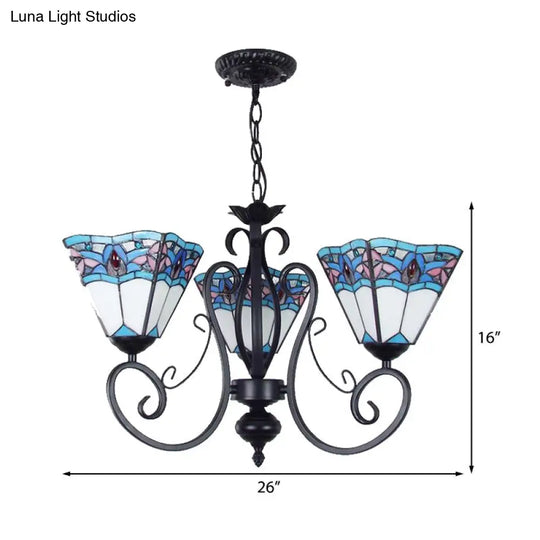 Adjustable 3-Light Blue Stained Glass Pendant Light With Metal Chain - Pyramid Hanging Lighting
