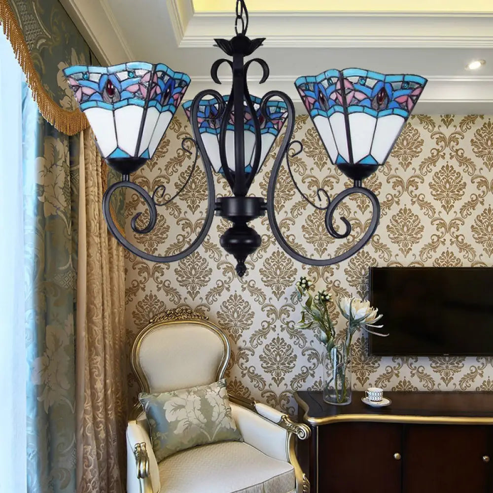 Adjustable 3-Light Blue Stained Glass Pendant Light With Metal Chain - Pyramid Hanging Lighting