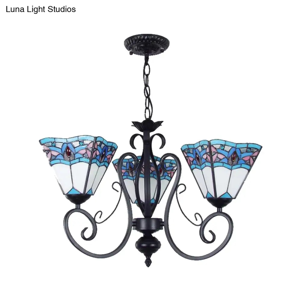Adjustable 3-Light Blue Stained Glass Pendant Light With Metal Chain - Pyramid Hanging Lighting