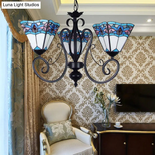 Adjustable 3-Light Blue Stained Glass Pendant Light With Metal Chain - Pyramid Hanging Lighting