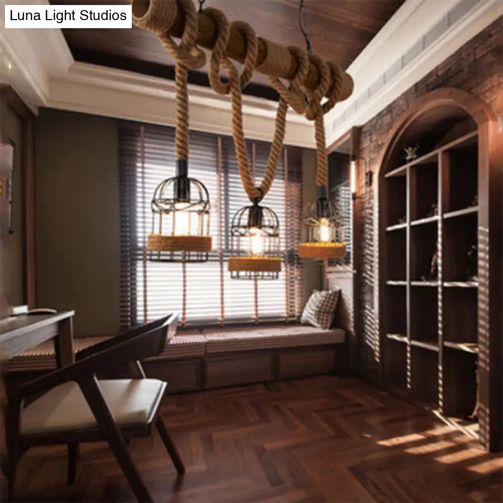 Adjustable 3-Light Industrial Birdcage Pendant Chandelier With Rope - Black 31.5/39 Wide / 31.5