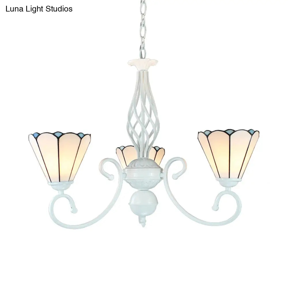 Adjustable 3-Light White Glass Cone Ceiling Chandelier With Curved Arm For Foyer Pendant Lighting