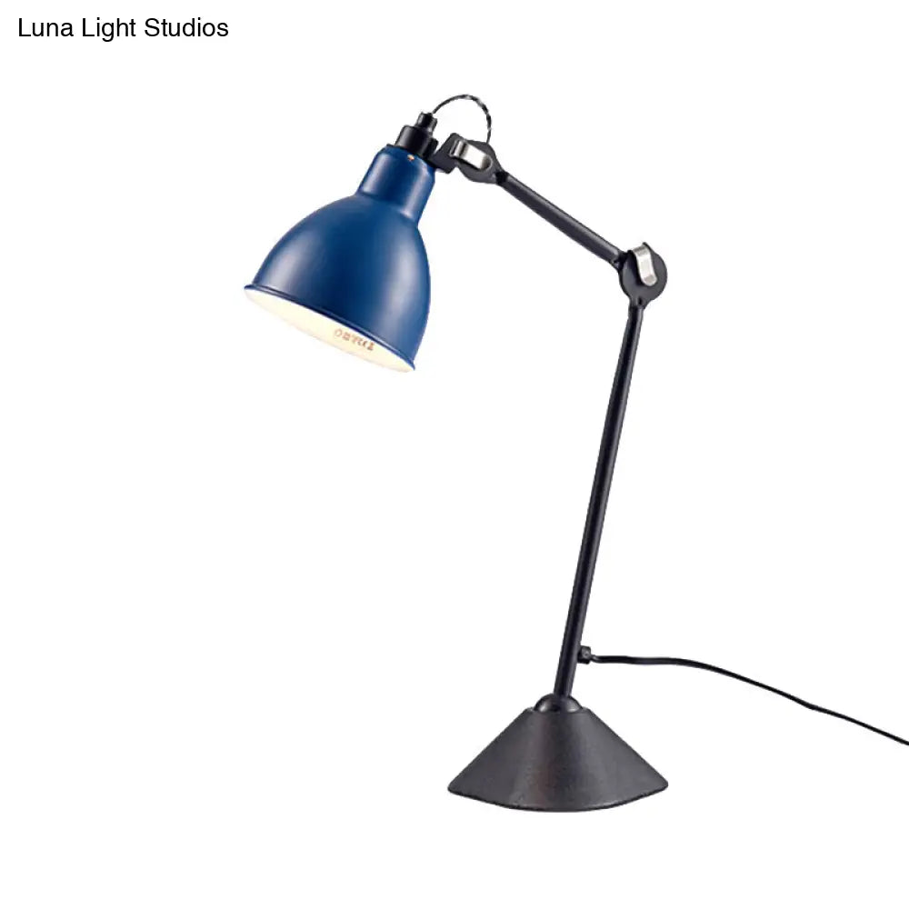 Adjustable Arm Desk Lamp With Black/Blue Dome Shade - Modernist Style Metallic Finish Ideal For