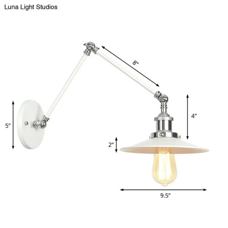 Adjustable Arm Industrial Metal Wall Lamp Lighting With 1 Light Fixture - White Cone/Saucer/Wavy