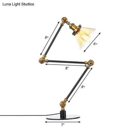 Adjustable Arm Industrial Table Lamp With Clear Glass Shade - Black/Brass Finish