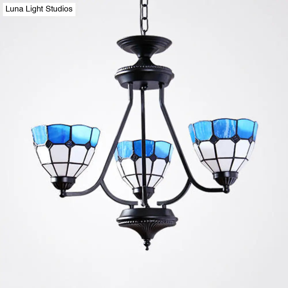 Baroque Chandelier: 3-Light Bowl Hanging Light With Adjustable Metal Chain And Blue Glass