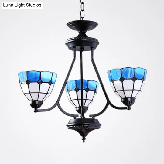 Baroque Chandelier: 3-Light Bowl Hanging Light With Adjustable Metal Chain And Blue Glass