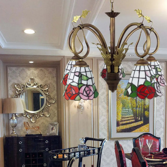 Adjustable Chain Rustic Chandelier - Rose Hanging Light 5 Lights Stained Glass Red
