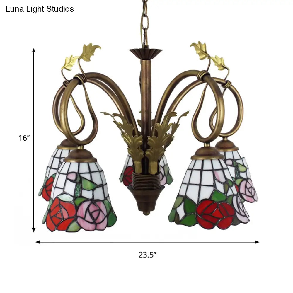 Red Stained Glass Chandelier With Adjustable Chain - Rustic Rose Hanging Light 5 Lights