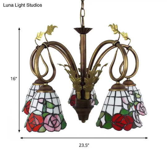 Red Stained Glass Chandelier With Adjustable Chain - Rustic Rose Hanging Light 5 Lights