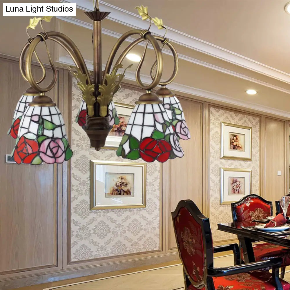Adjustable Chain Rustic Chandelier - Rose Hanging Light 5 Lights Stained Glass Red