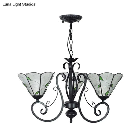 Adjustable Chain Vintage Glass Pendant Light - Leaf Ceiling Chandelier With 3 Lights In Blue/Clear