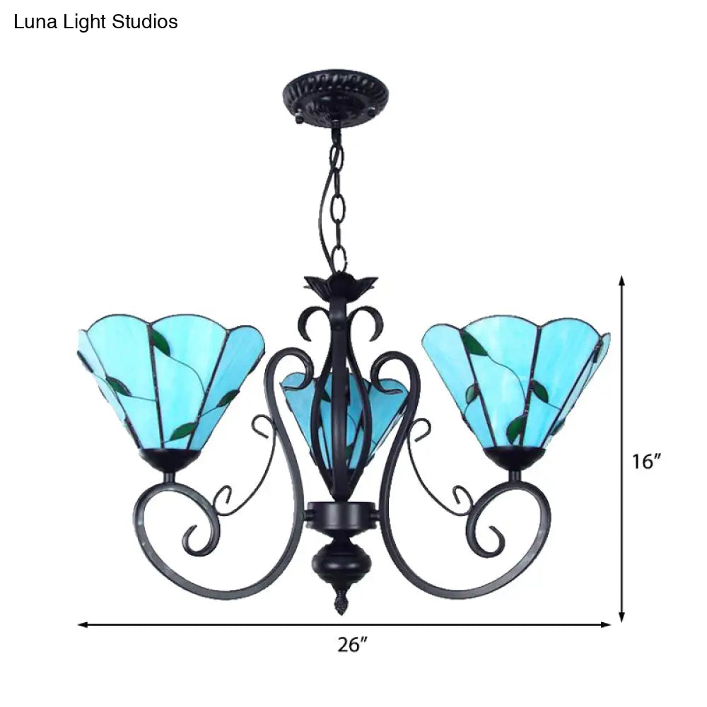 Adjustable Chain Vintage Glass Pendant Light - Leaf Ceiling Chandelier With 3 Lights In Blue/Clear