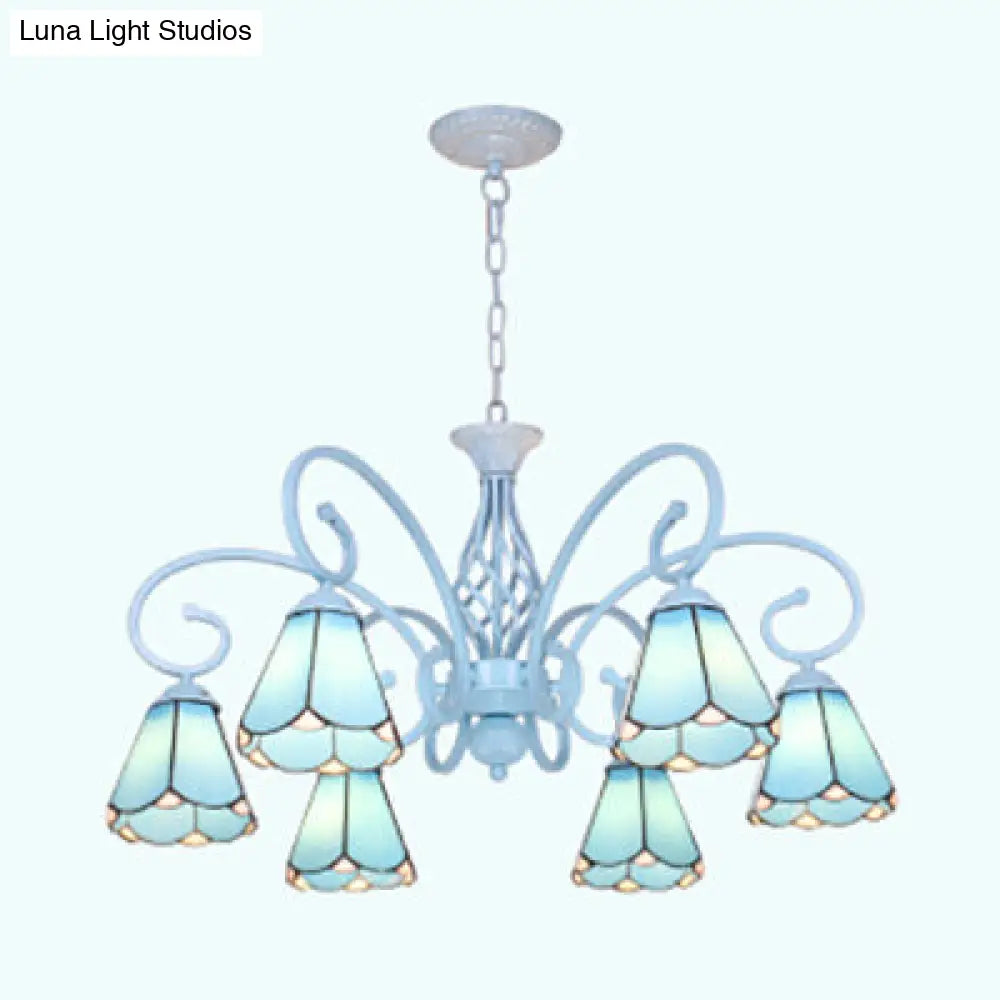 Adjustable Chain Chandelier: 6-Light Conical Ceiling Pendant Lamp In Blue/White Traditional Glass