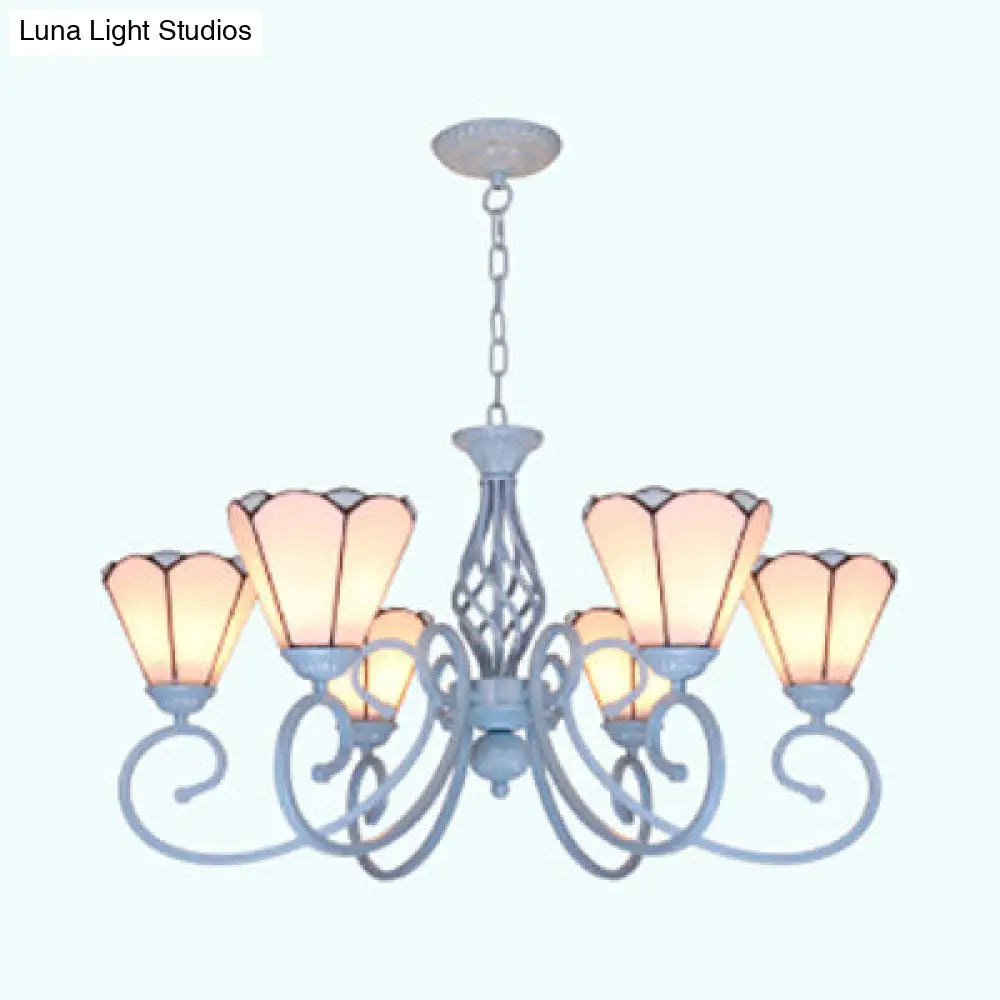 Adjustable Chain Chandelier: 6-Light Conical Ceiling Pendant Lamp In Blue/White Traditional Glass