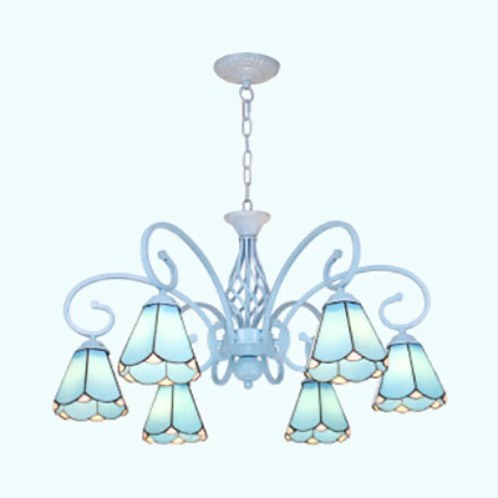 Adjustable Conical Chandelier With 6 Traditional Glass Pendant Lights In Blue/White Blue