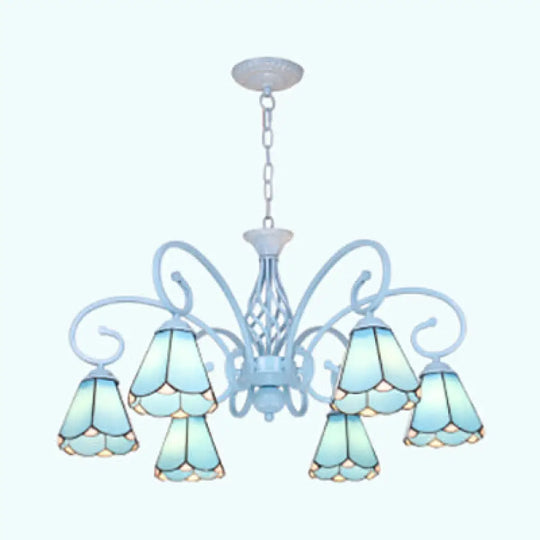 Adjustable Conical Chandelier With 6 Traditional Glass Pendant Lights In Blue/White Blue