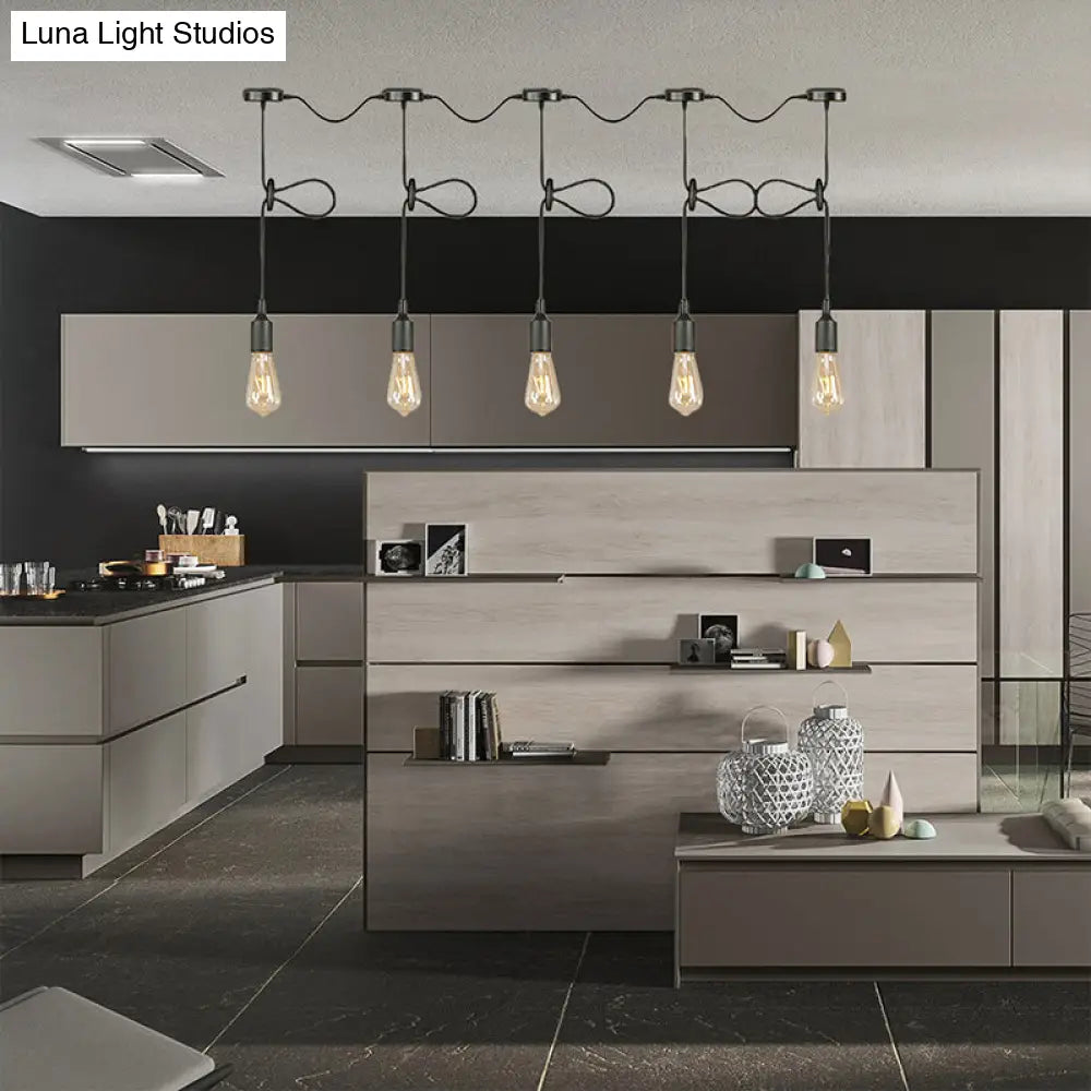Adjustable Cord Industrial Black Metal Ceiling Light Fixture With 3/5/7-Light Bare Bulb Pendant