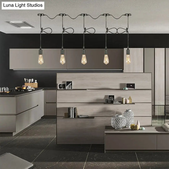 Adjustable Cord Industrial Black Metal Ceiling Light Fixture With 3/5/7-Light Bare Bulb Pendant