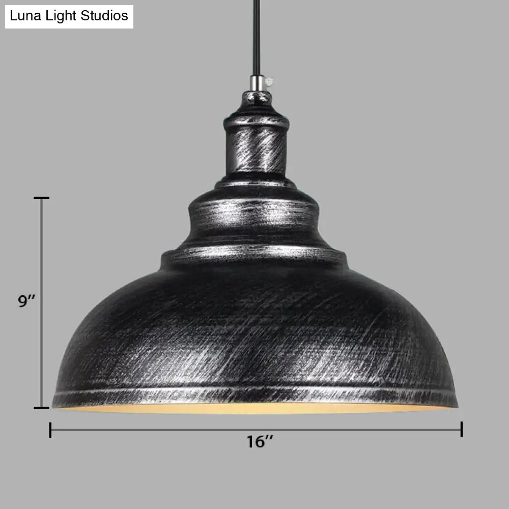Adjustable Cord Pendant With Metal Dome Shade In Retro Black/Gray - 12’/14’/16’ W