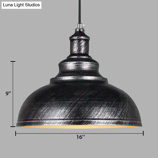 Adjustable Cord Pendant With Metal Dome Shade In Retro Black/Gray - 12’/14’/16’ W