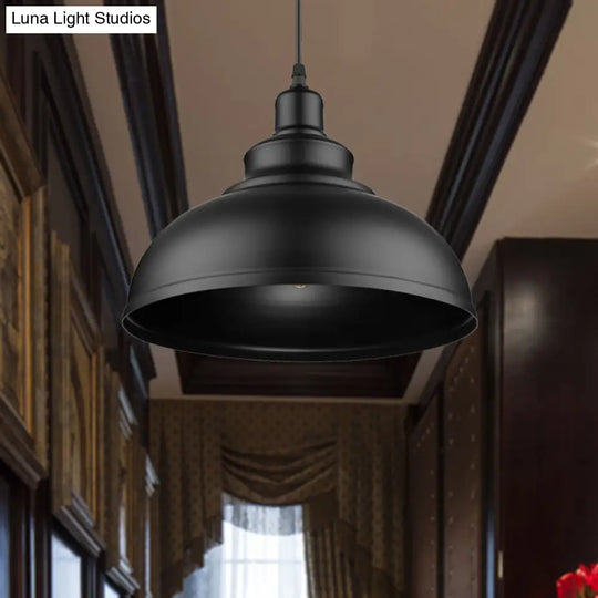 Adjustable Cord Pendant With Metal Dome Shade In Retro Black/Gray - 12’/14’/16’ W