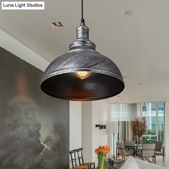 Adjustable Cord Pendant With Metal Dome Shade In Retro Black/Gray - 12’/14’/16’ W