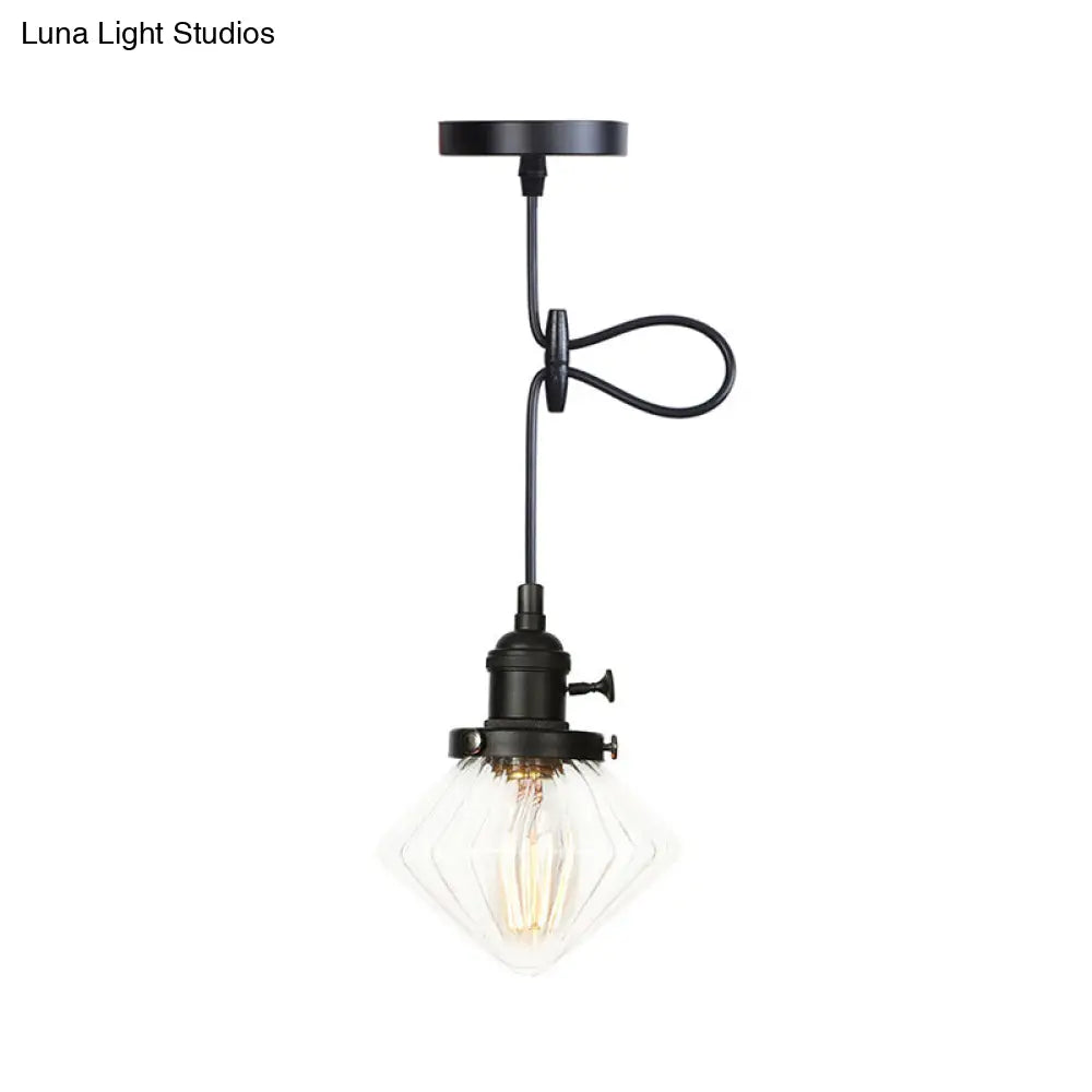 Adjustable Height Industrial Pendant Light With Diamond Glass Shade - Black/Bronze/Brass Finish