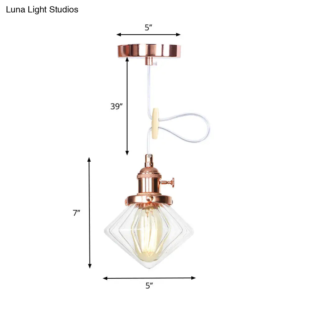 Adjustable Height Industrial Pendant Light With Diamond Glass Shade - Black/Bronze/Brass Finish