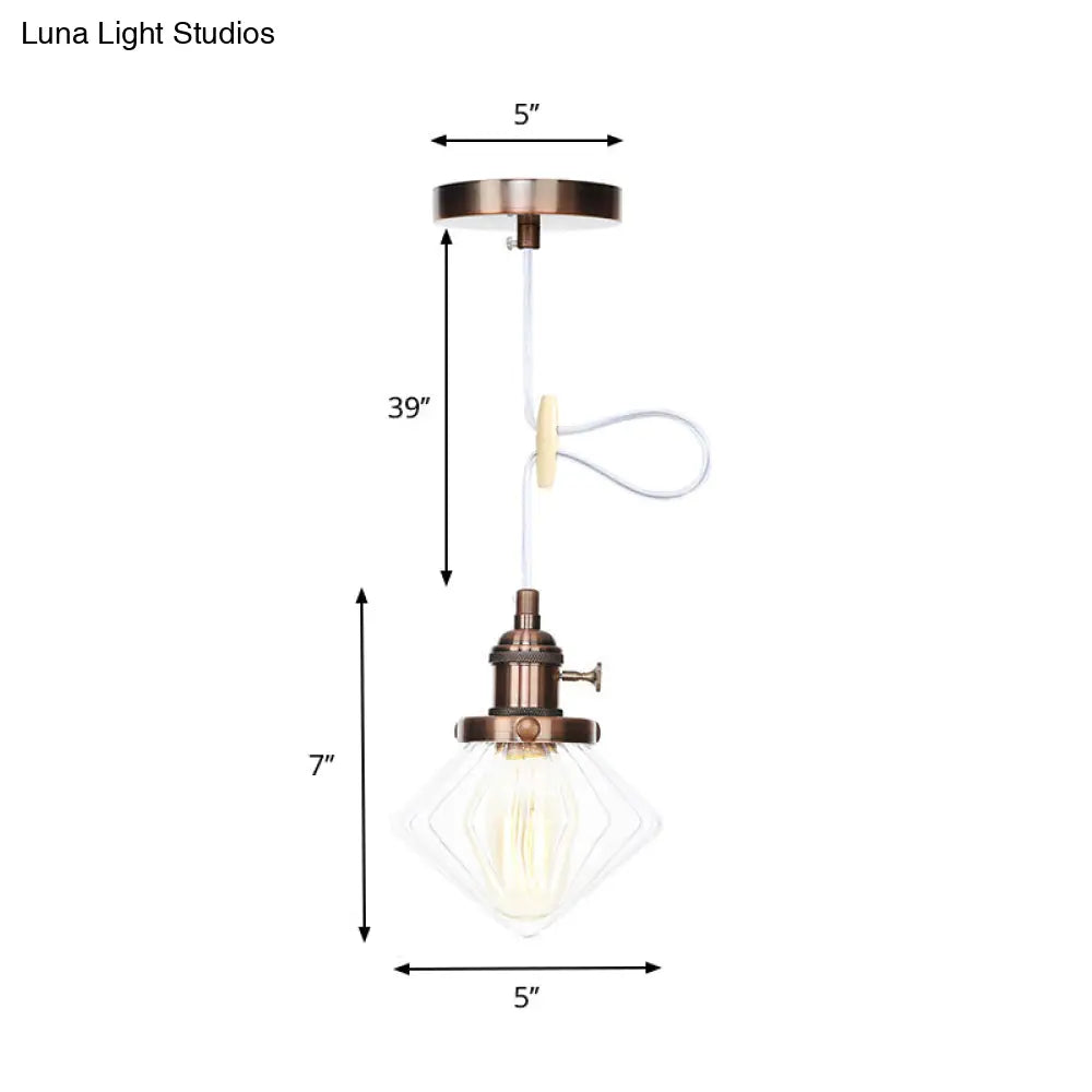 Adjustable Height Industrial Pendant Light With Diamond Glass Shade - Black/Bronze/Brass Finish