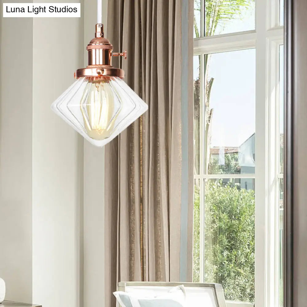 Adjustable Height Industrial Pendant Light With Diamond Glass Shade - Black/Bronze/Brass Finish