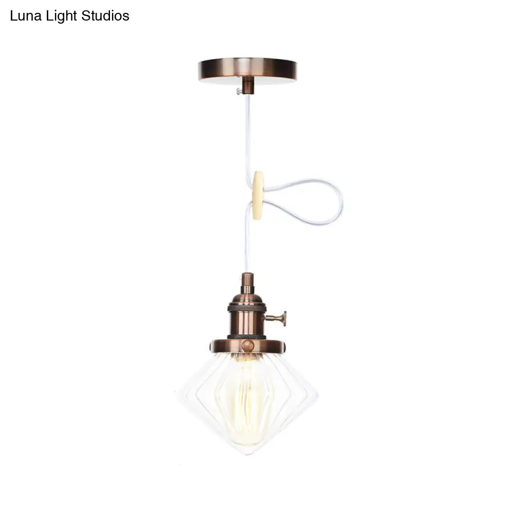 Adjustable Height Industrial Pendant Light With Diamond Glass Shade - Black/Bronze/Brass Finish