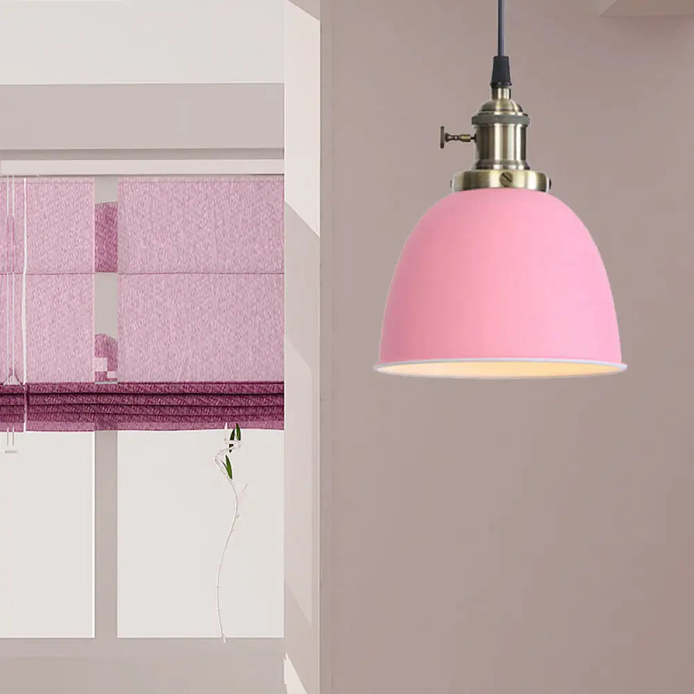 Adjustable Industrial Dome Pendant Lamp In Black/White/Red - Metal And Hanging Ceiling Lighting Pink