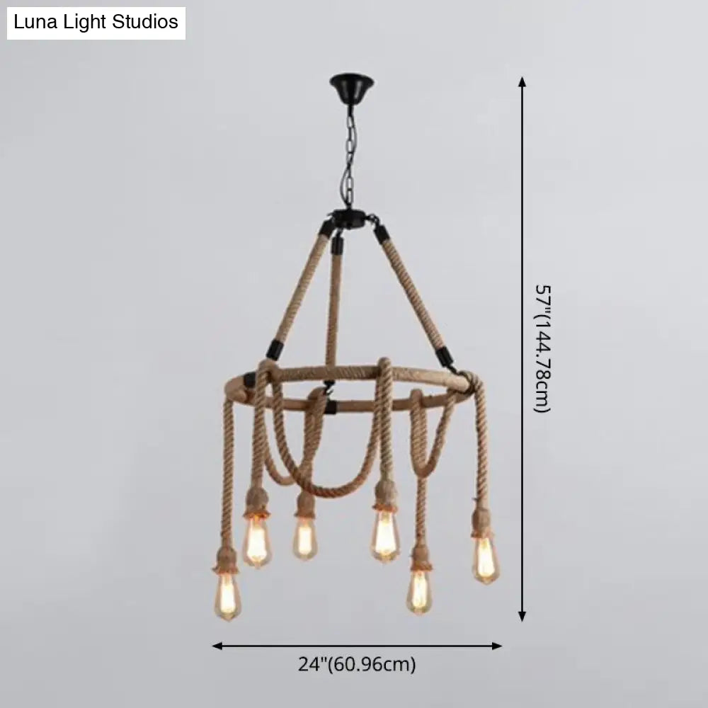 Adjustable Industrial Rope Chandelier - 6 Lights Beige Ceiling Fixture