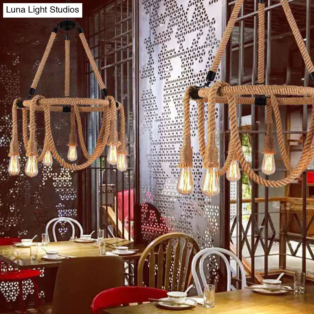 Adjustable 6-Light Industrial Rope Chandelier - Beige Ceiling Fixture