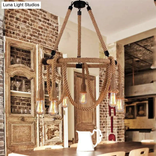 Adjustable 6-Light Industrial Rope Chandelier - Beige Ceiling Fixture