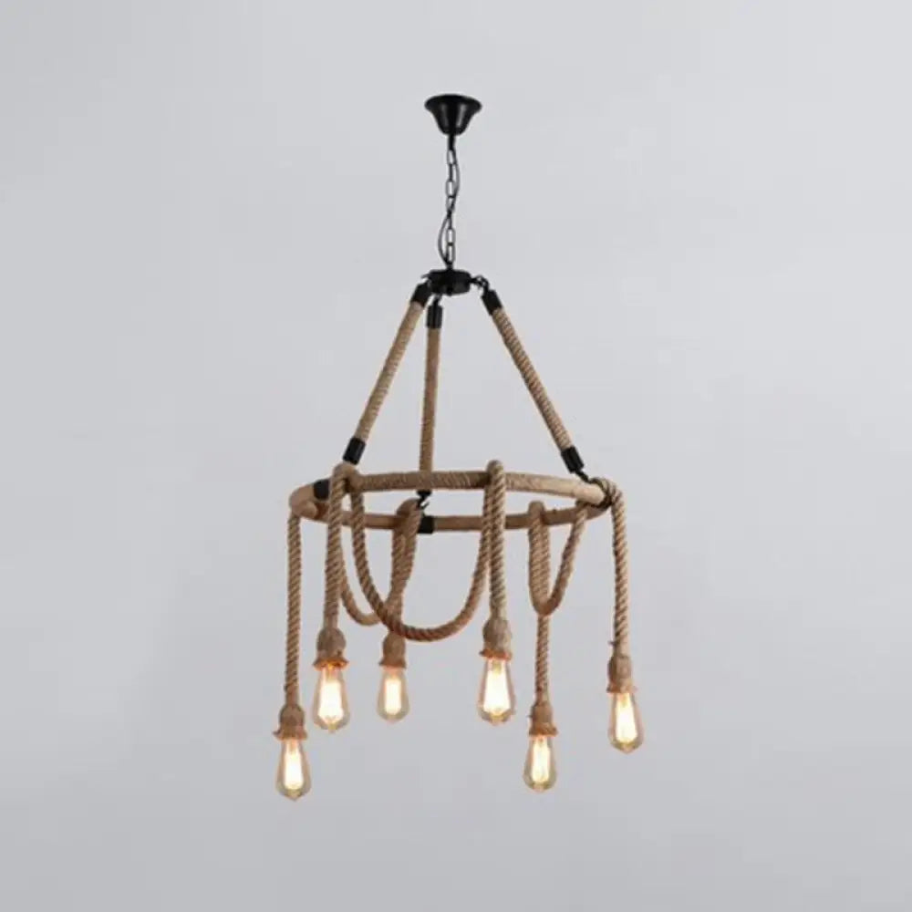 Adjustable Industrial Rope Chandelier - 6 Lights Beige Ceiling Fixture